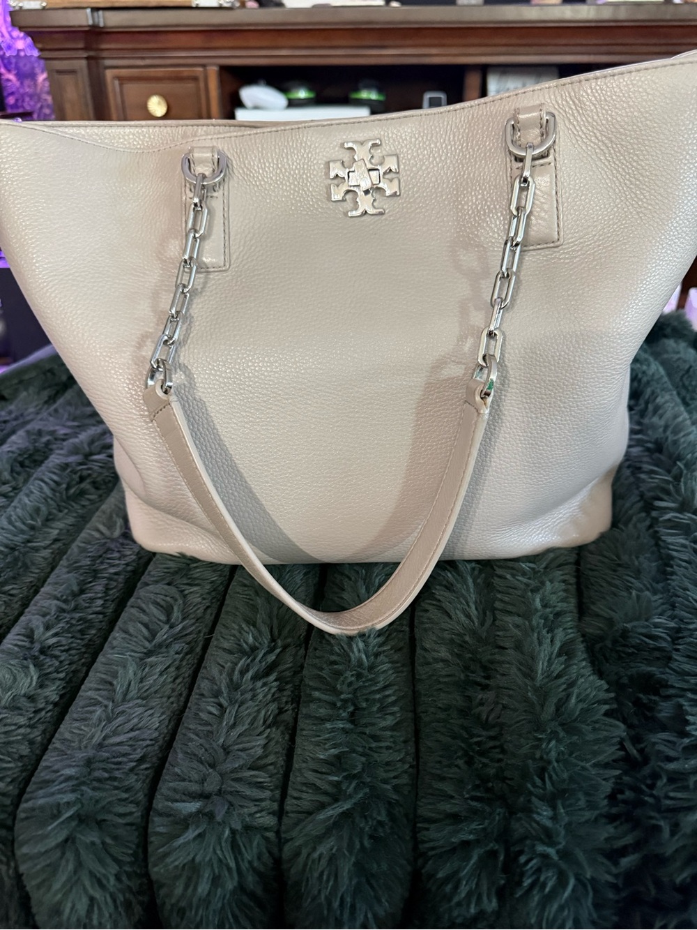 Tory Burch Pebbled Leather Chain-Handle Tote in French Gray